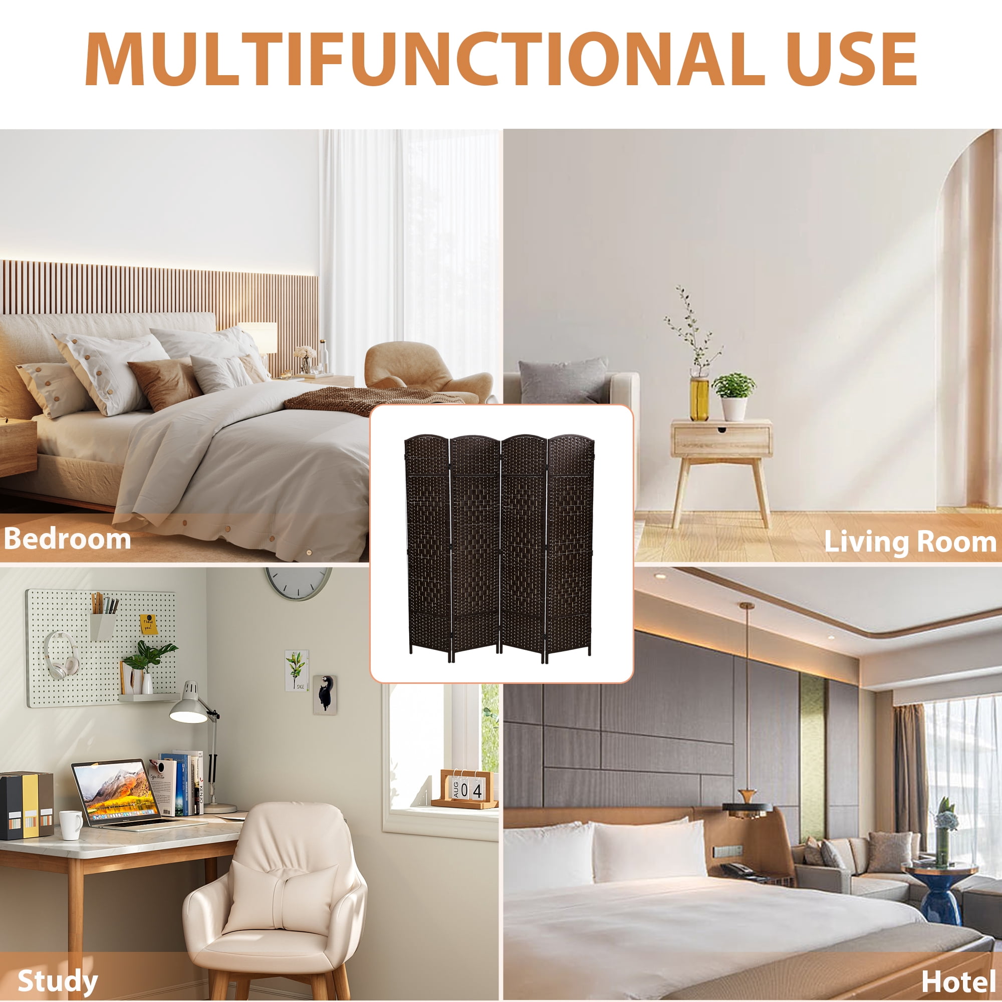CL.HPAHKL Room Divider and Folding Privacy Screen, Woven Fiber Partition and Dividers Freestanding, Partition Room Dividers for Home Office Restaurant Bedroom, Brown, 6 Panel