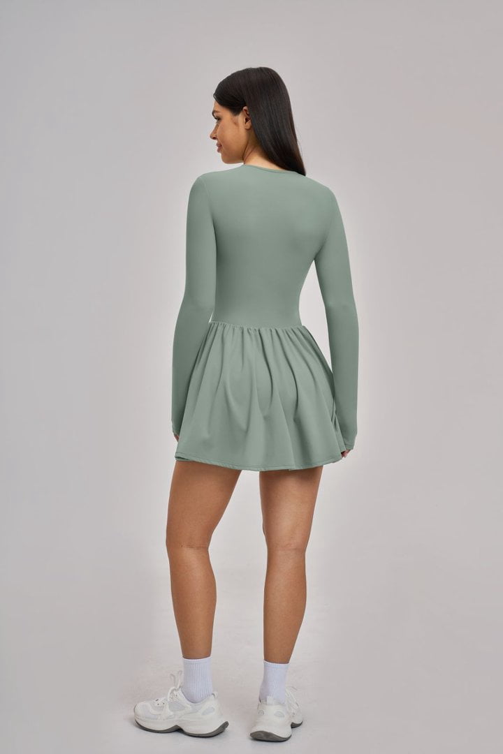 PISONIC Women Tennis Dress Long Sleeve Athletic Outfit with Built in Shorts Mini Golf Workout Dress with Pockets