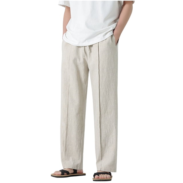 Jgppe Men's Casual Linen Pants Cotton Pockets Solid Color Elastic Waist Loose Drawstring Straight Leg Pants