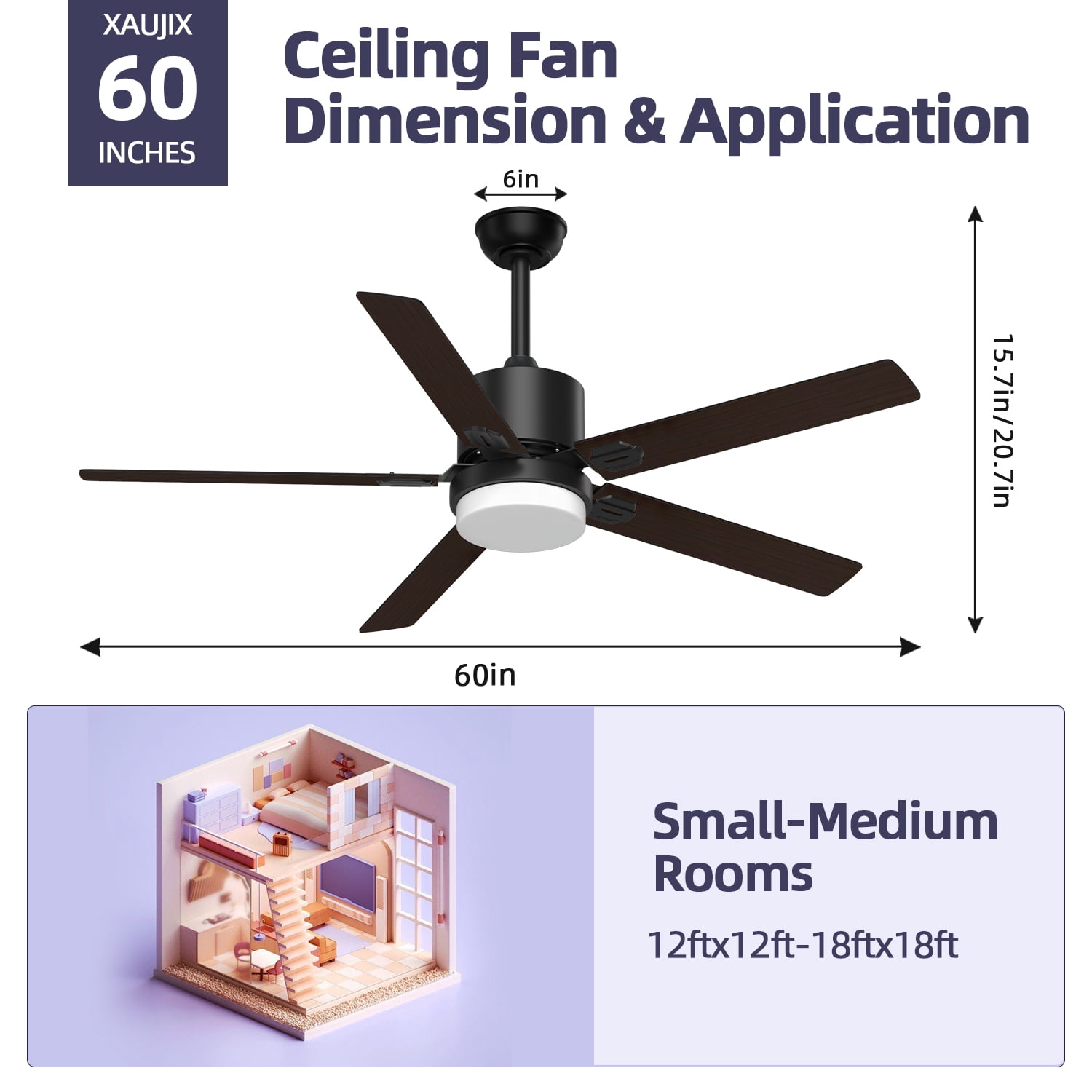 Xaujix Ceiling Fans with Lights and Remote Control, 60" Indoor Outdoor Ceiling Fan 6-Speed Silent Reversible Motor for Patio Farmhouse Bedroom Living Room, Walnut&Black