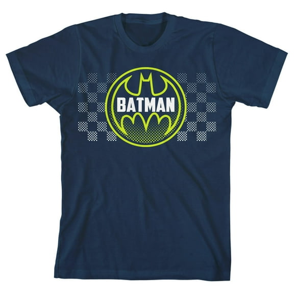 Batman Bat Signal Logo Checkered Background Boy's Navy Blue T-shirt-S