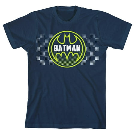 Image of Batman Bat Signal Logo Checkered Background Boy s Navy Blue T-shirt-XS