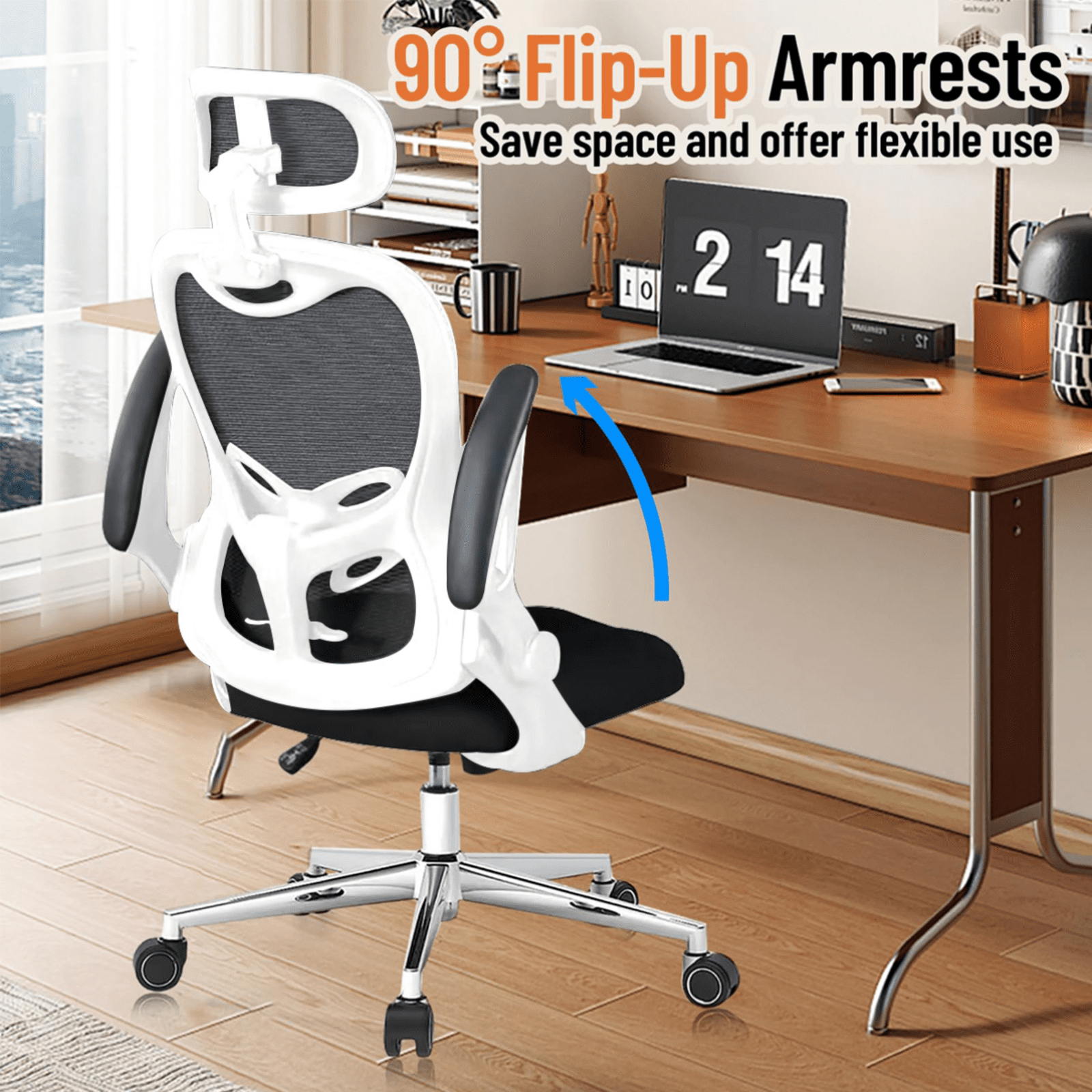 Office Chair, Ergonomic Breathable Mesh,Flip-Up Arms and Adjustable High Back Lumbar Support,Comfy Computer Chair for Home Office