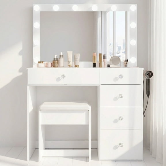 Boahaus Cleo Makeup Vanity Desk With Mirror and Lights - 5 Drawer Table Set With Stool