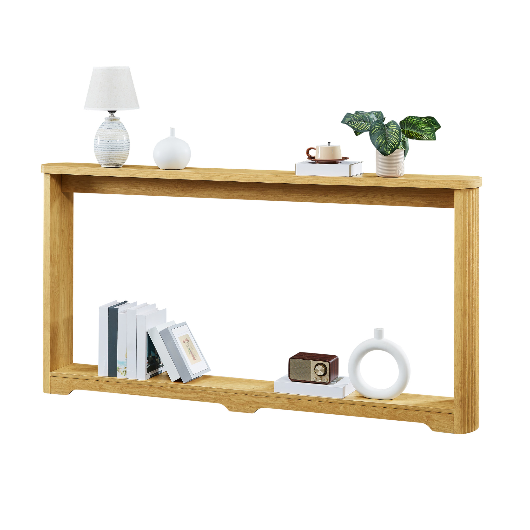 Noble House 70.1" Narrow Console Table, Modern Wave Texture Entryway & Sofa Table with Storage Shelf, Natural