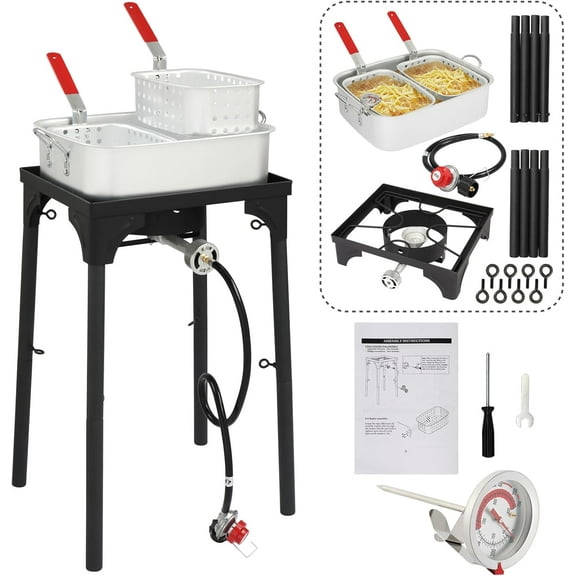 18Qt Deep Fryer Pot, Aluminum Deep Fryer Pot with 58,000 BTU Propane Gas Burner, 2 Baskets & Thermometer for Outdoor Fry Cooking