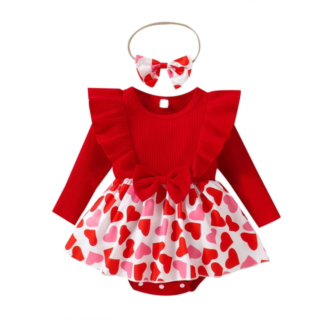 Vestido Para Niñas Ropa Para Niñas Bebés Día De San Valentín Mameluco De Manga Larga Estampado De Falda Mono Diadema Conjunto De Dos Piezas Rojo Odeerbi LM103-8114