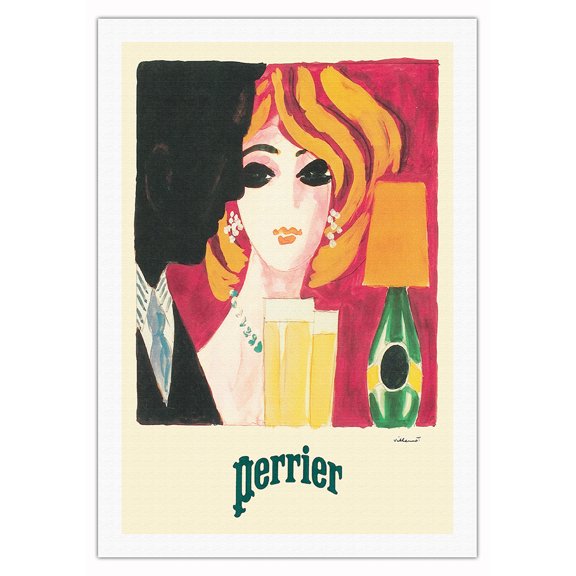 Perrier Sparkling Mineral Water - Vintage French Advertising Poster by Bernard Villemot - Fine Art Rolled Canvas Print (Unframed) 27in x 40in