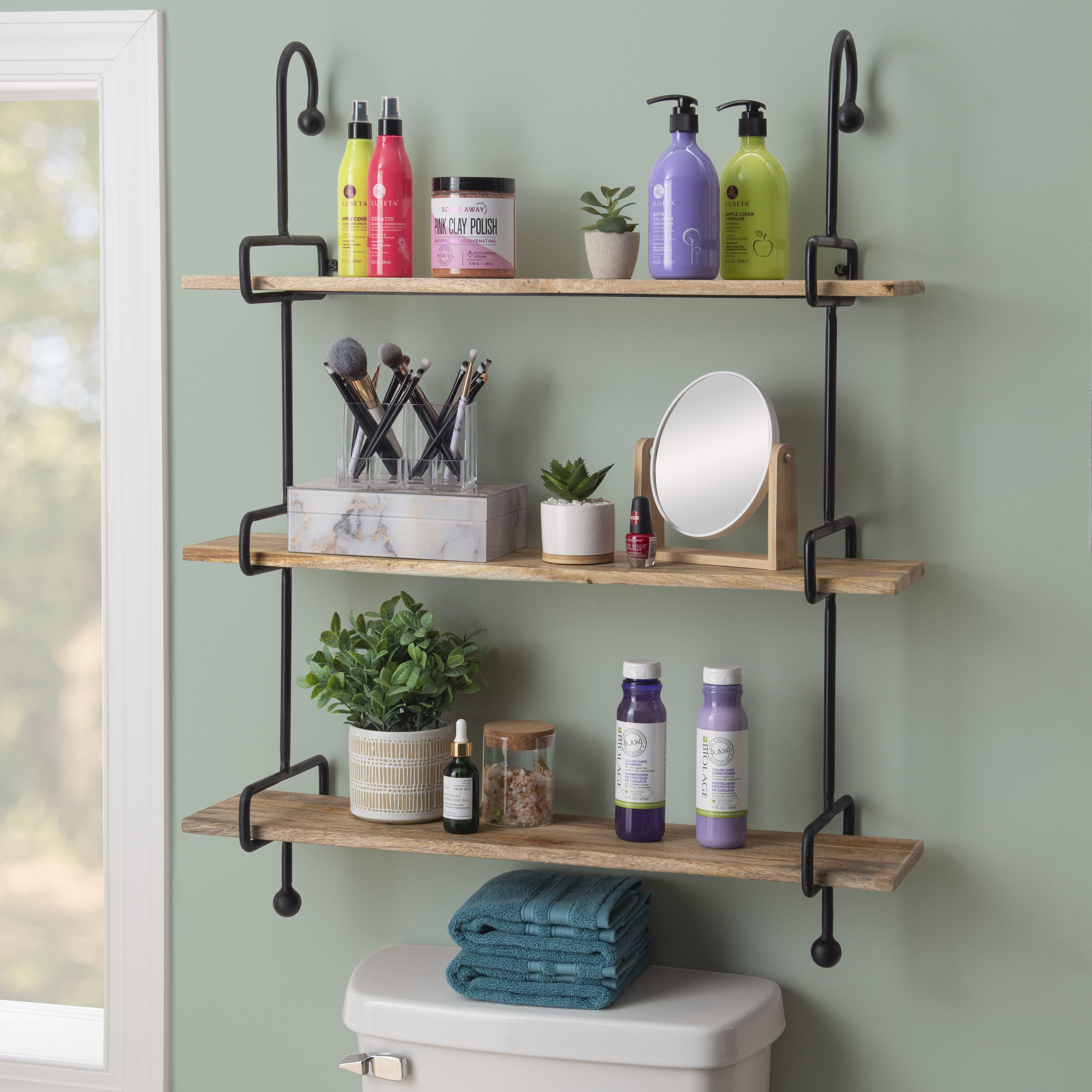 Wrenn 3Tier Wall Shelves, Black Metal with Natural Mango Wood