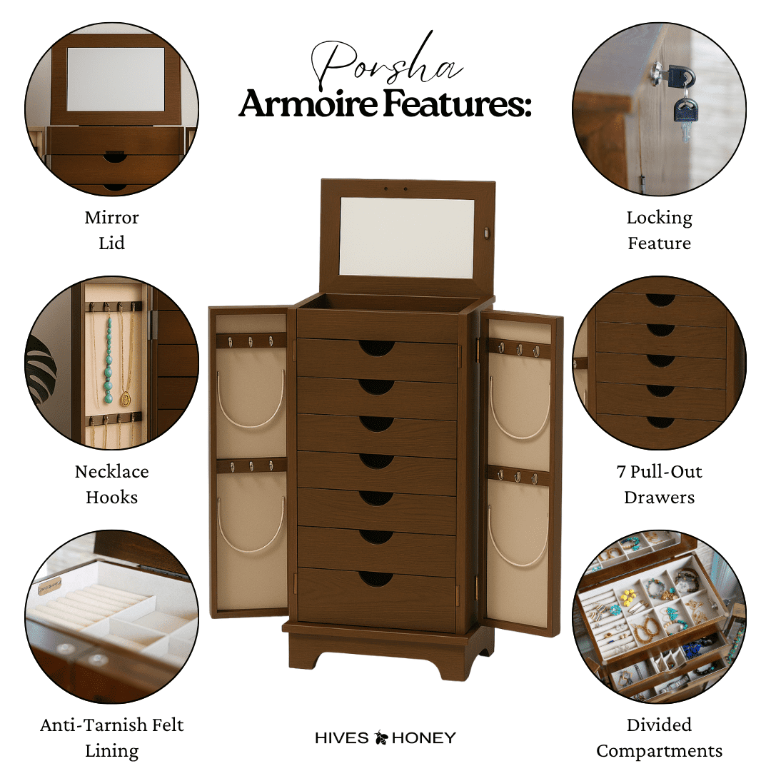 Hives & Honey Port Elegant Chocolate Jewelry Armoire: Freestanding, Lockable Wooden Cabinet for Women