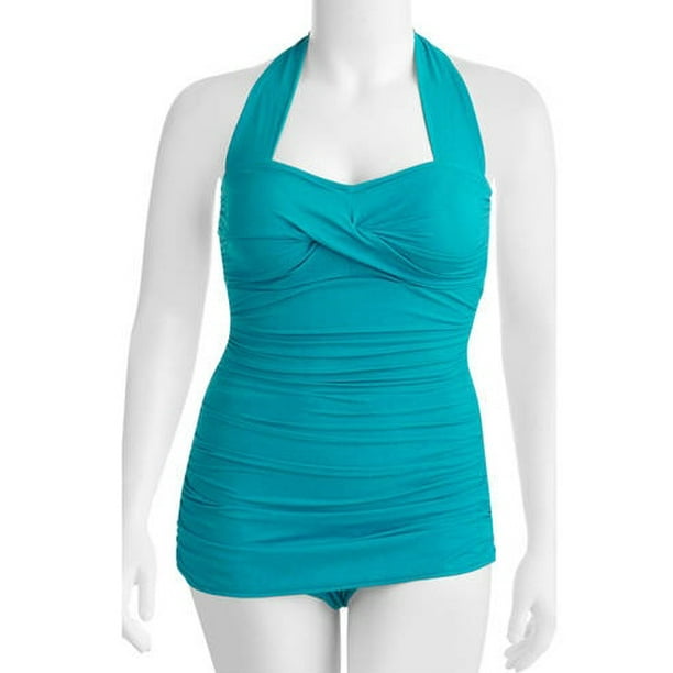 Suddenly Slim Women's PlusSize Slimming Shirred Halter OnePiece