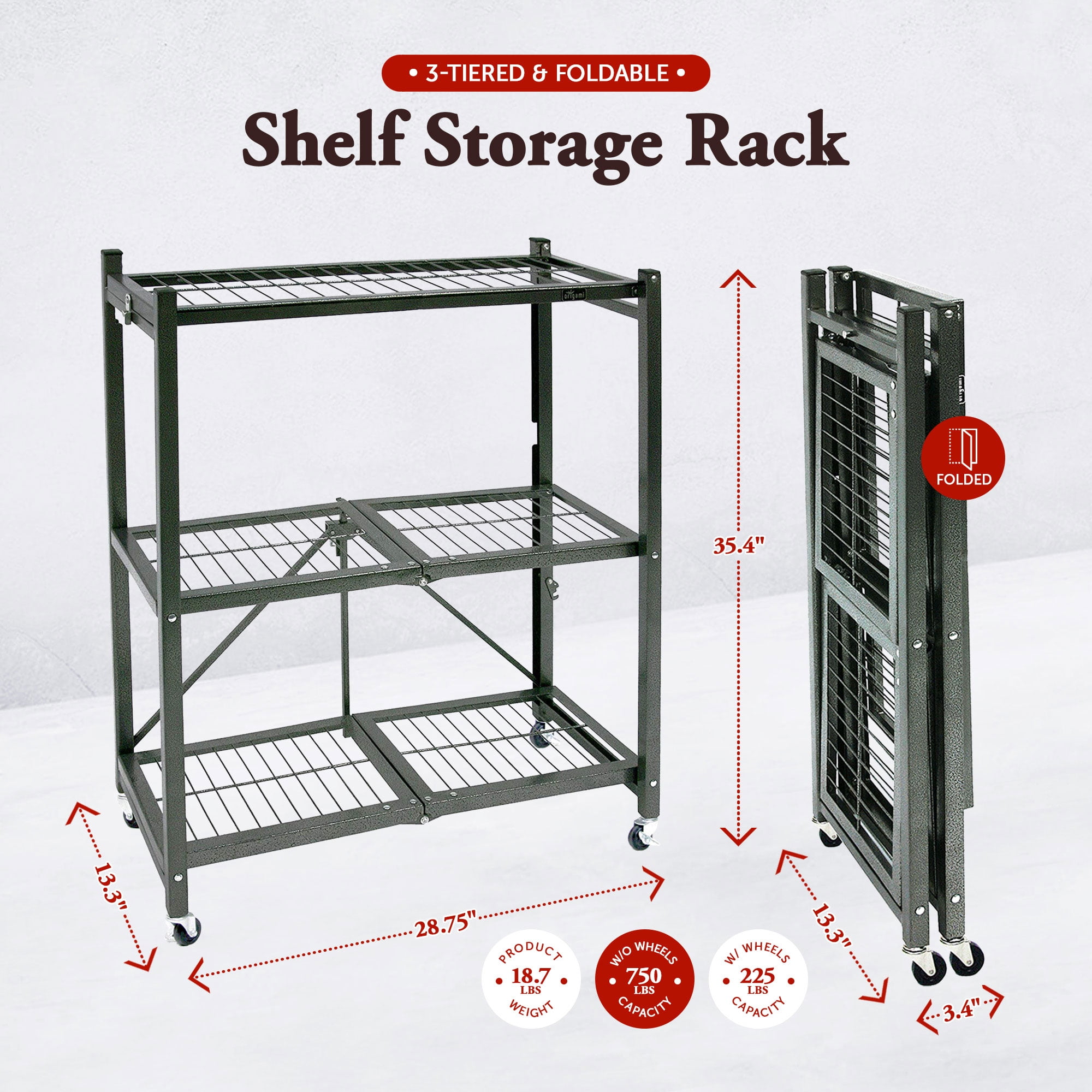 Origami 3 Shelf Foldable Storage Unit on 3 Caster Wheels Unfolds in