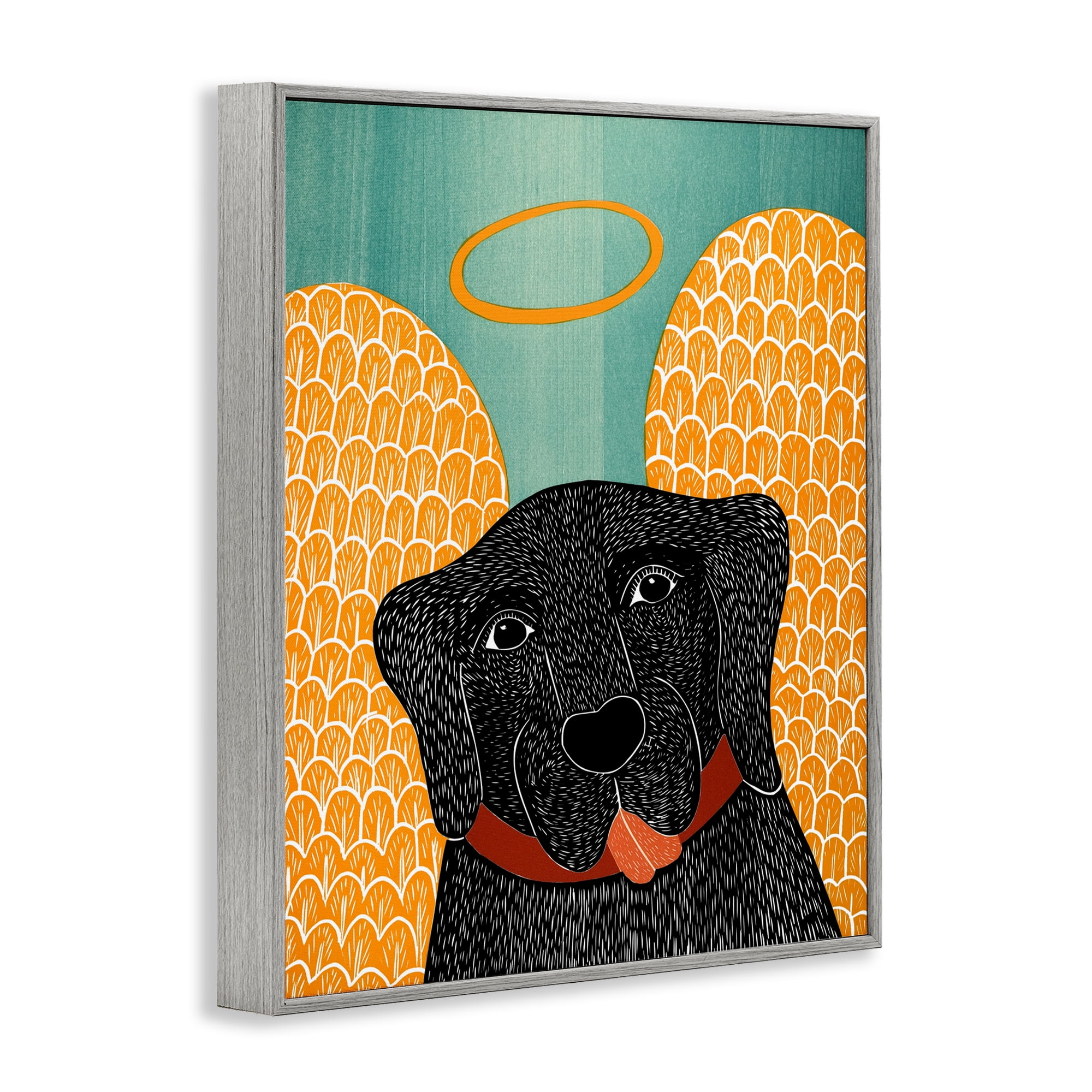Dog Angel with Yellow Wings Gray Framed Giclee Art, design by Stephen Huneck