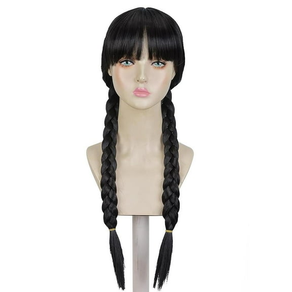 Synthetic Fiber Braided Wig, Black Braided Double Ponytails, Natural-Looking Style for Performance Theme Parties, Halloween