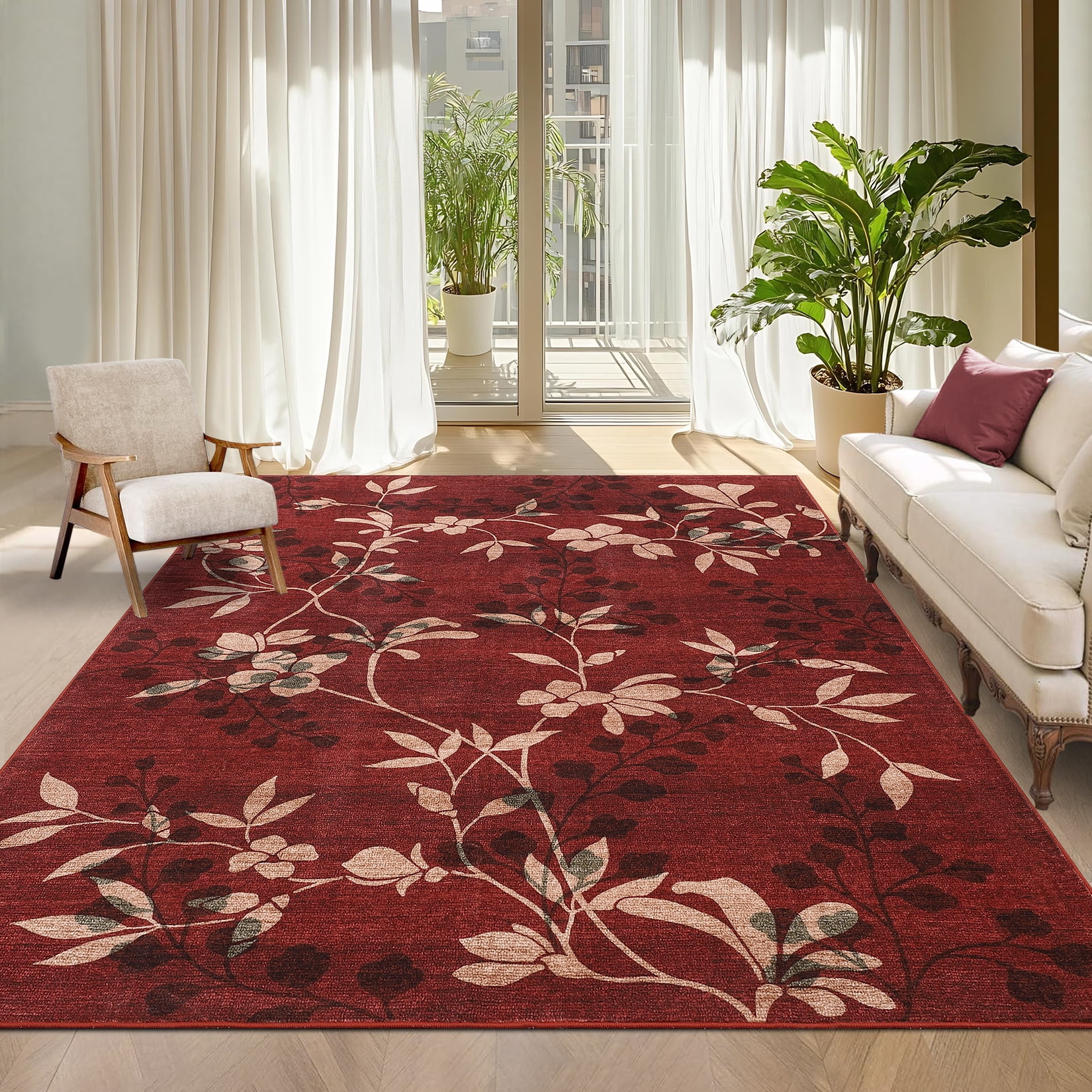 FairOnly Red 10'x13'Large Modern Floral Printed Area Rug Low Pile Non Slip Soft Carpet for Living Room