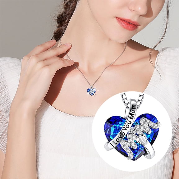 YYKihy Mothers Day Gifts From Son To Mom Necklace Engraved “I Love You Mom” Heart Blue Crytal Necklace For Mom Birthday Gifts From Daughter