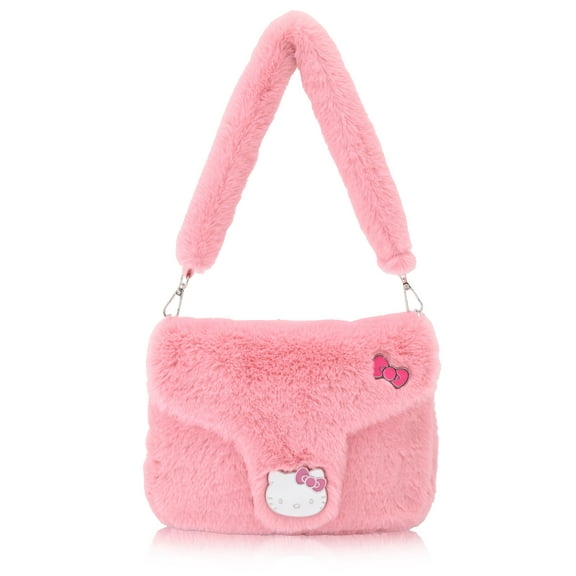 Sanrio Hello Kitty Purse Handbag for Women | Plush Fur Women's Shoulder Handbag Satchel with Metal Plaque | Hello Kitty Accessories for Girls, Boys, Adults, Unisex