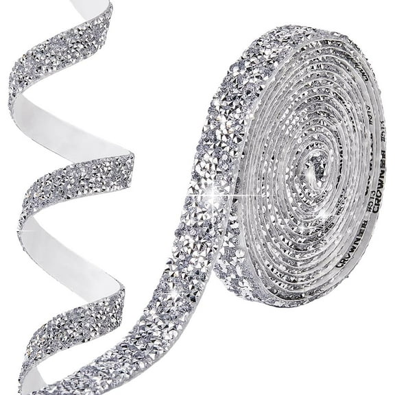 3 Yards 0.59in Rhinestone Ribbon Trim Silver Ribbon Tape Bling Self Adhesive Strips Sticker Rhinestones Gem Roll