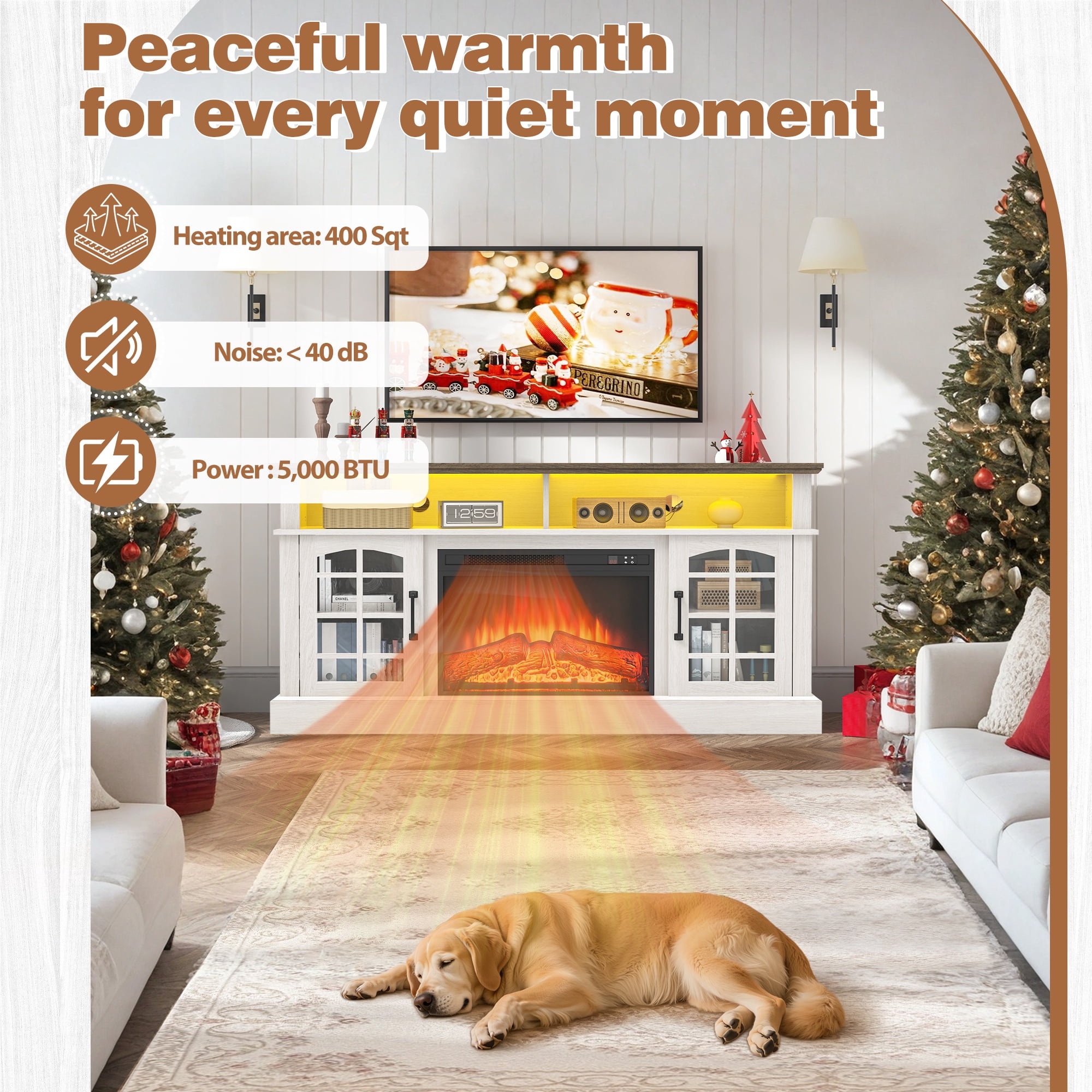 Paproos Fireplace TV Stand for 65 inch TV with LED Lights, 32.0in Tall TV Stand with 23'' Electric Fireplace, Entertainment Center for Living Room, 400 Sqt Heating Area, Brown Tabletop&White Cabinet