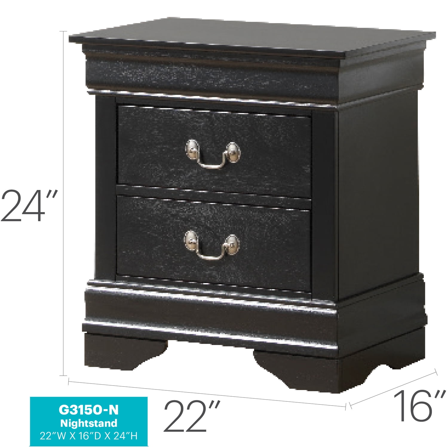 Glory Furniture Louis Phillipe 2 Drawer Nightstand in Black