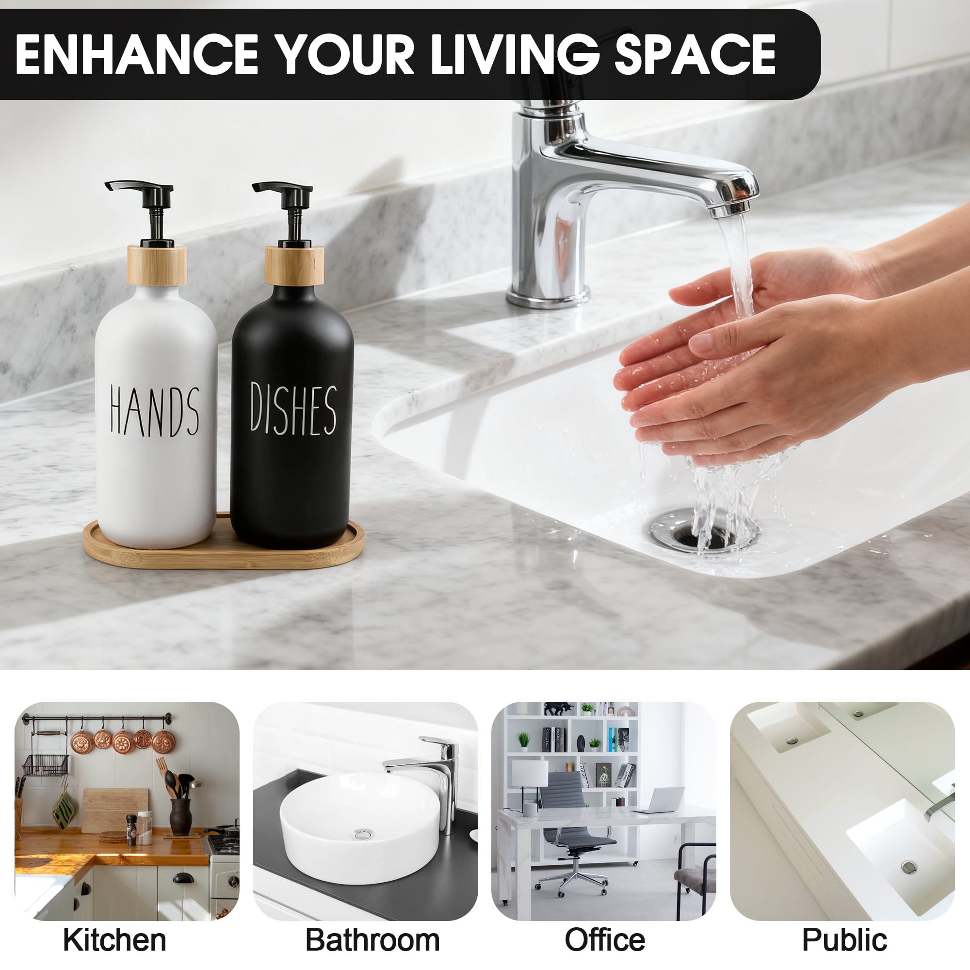 2 Pack Glass Soap Dispenser Set, Hand & Dish Soap Dispenser with Bamboo Tray & Pump, 16oz Soap & Lotion Dispenser Set for Bathroom Kitchen