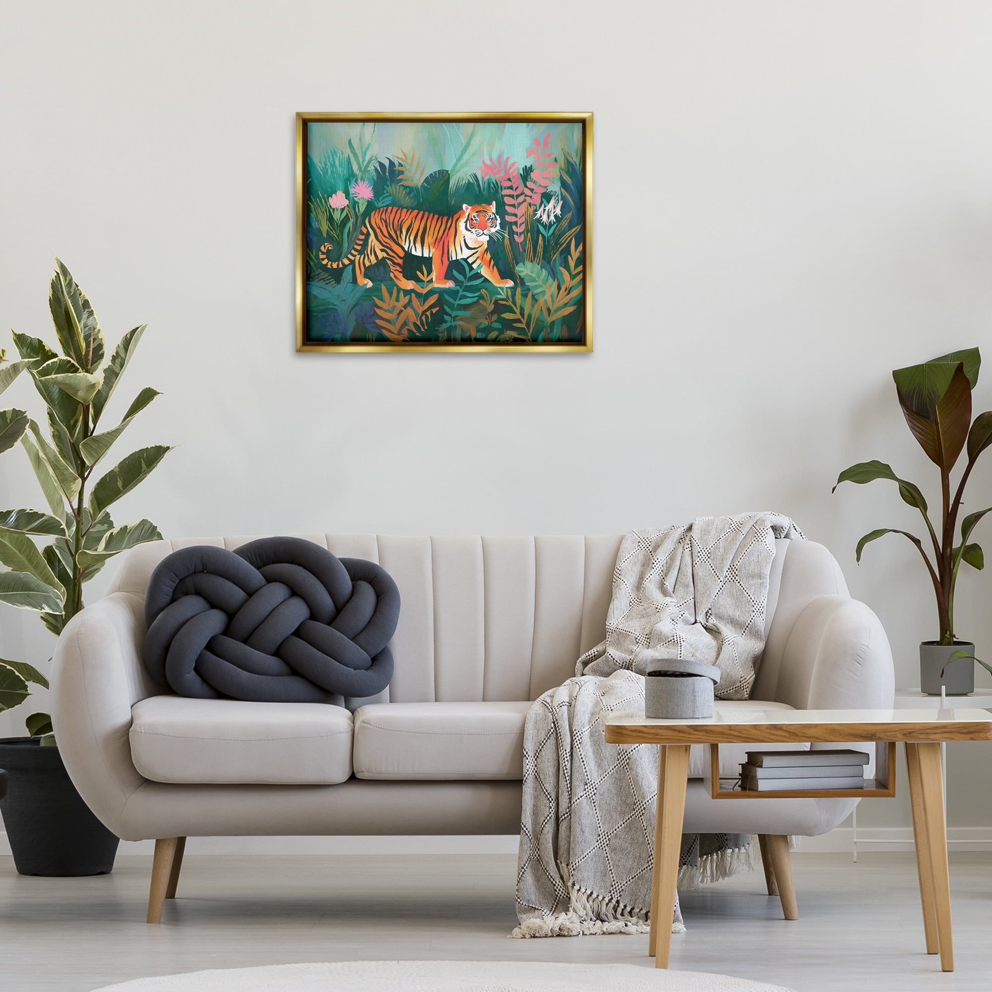 Stupell Industries Tiger in Jungle Leaves Animals & Insects Painting Gold Floater Framed Canvas Art Print Wall Art, 31 x 25
