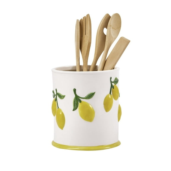 Bico Lemon Handpainted Stoneware 6 inch Utensil Holder, Dishwasher Safe, for holding Cooking Spatula, Utensil