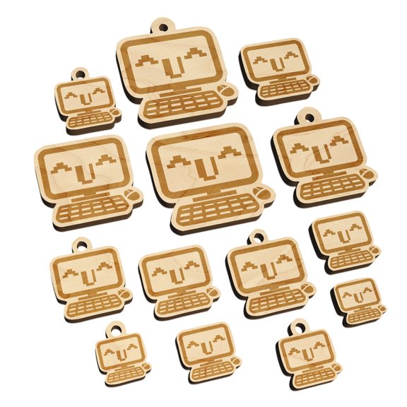 Very Happy Kawaii Computer Face Emoticon Wood Mini Charms Shapes DIY Craft Jewelry - With Hole - 14mm (26pcs)