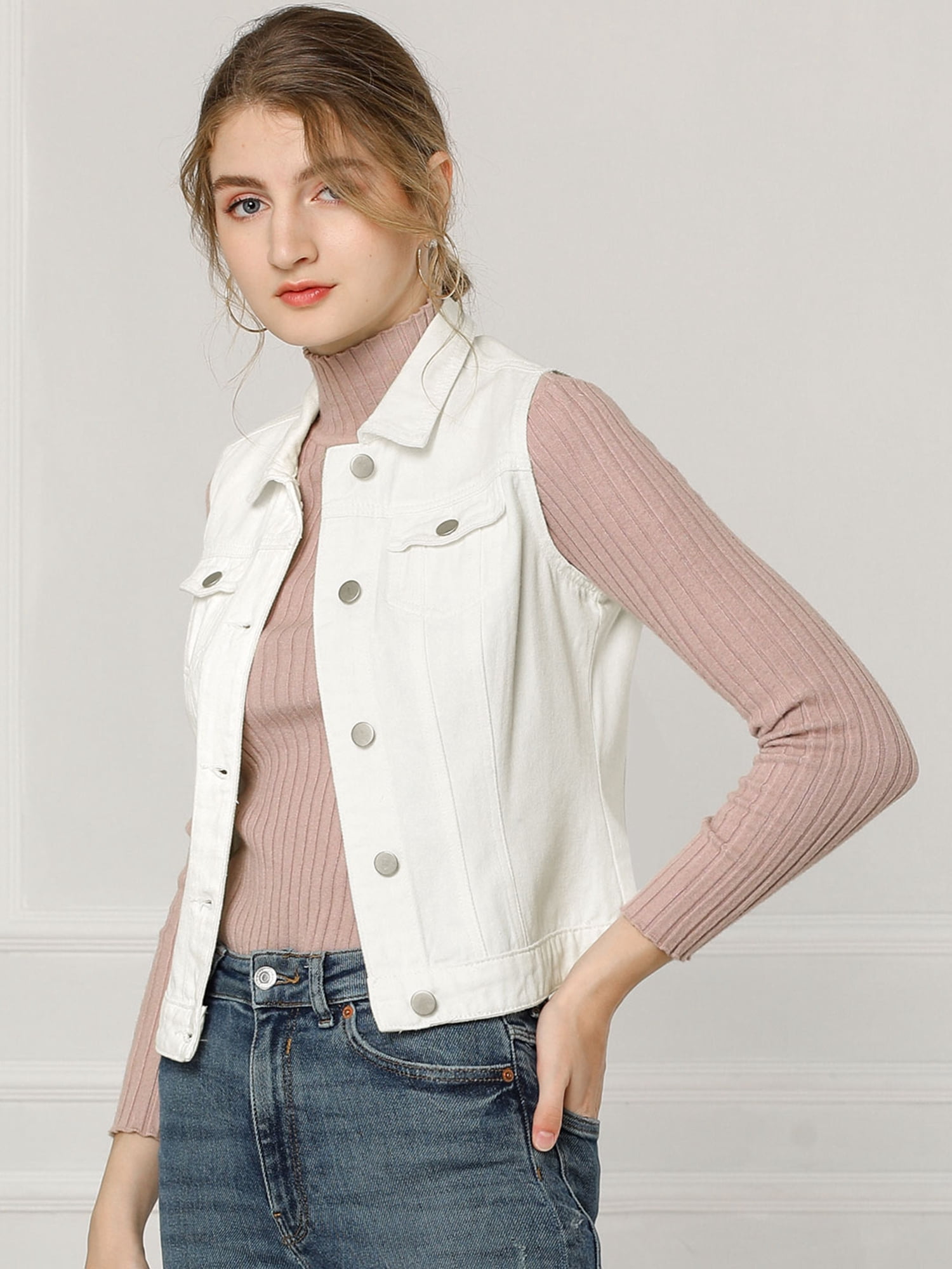 DARING DIVA Women's Denim Sleeveless Flap Pockets Vest Jacket 3XL White