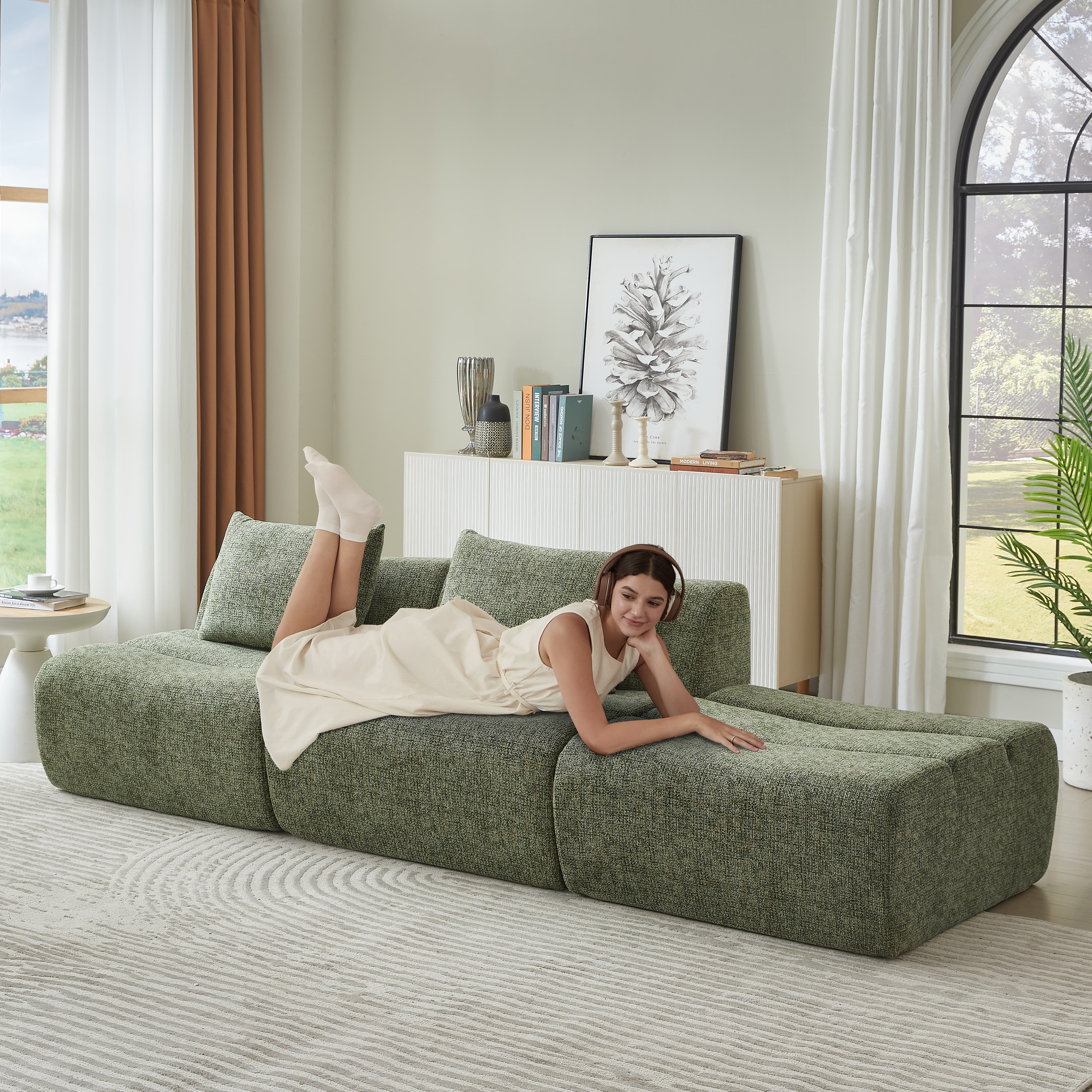 MAYEERTY Oversized 3 Seater Compressible Chenille Sectional Sofa, Modern & Space-Saving for Living Room, 107*41*27"Green