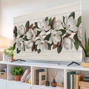 TV Cover for 55 inch Screen Magnolia Plant Flower Washable Stretch Fabric TV Cover, Farm Vintage Wood Grain Reusable Television Screen Covers for Sofa Living Room Home Decor