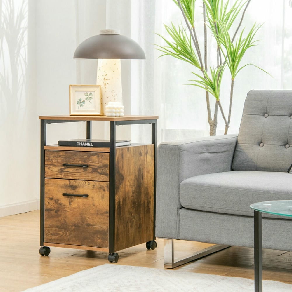 Yardi Yard 2 Drawer Mobile File Cabinet Printer Stand with Open Shelf for Letter Size-Rustic Brown, Desk Drawers, File Cabinet for Home Office