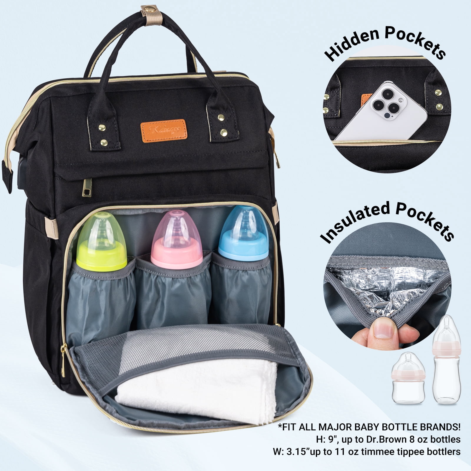 Diaper Bag Backpack with Portable Changing Pad, Large Unisex Baby Bags for Boys Girls, Multipurpose Travel Backpack Moms Dads, Black