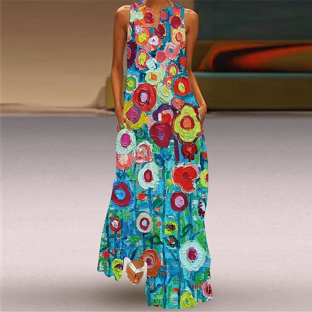 Lenago Robe de Pâques Grande Taille pour Femmes, Robe Longue Décontractée à Imprimé Rayé et Floral, Robe Maxi Sans Manches, Robes d'Été de Plage en Liquidation