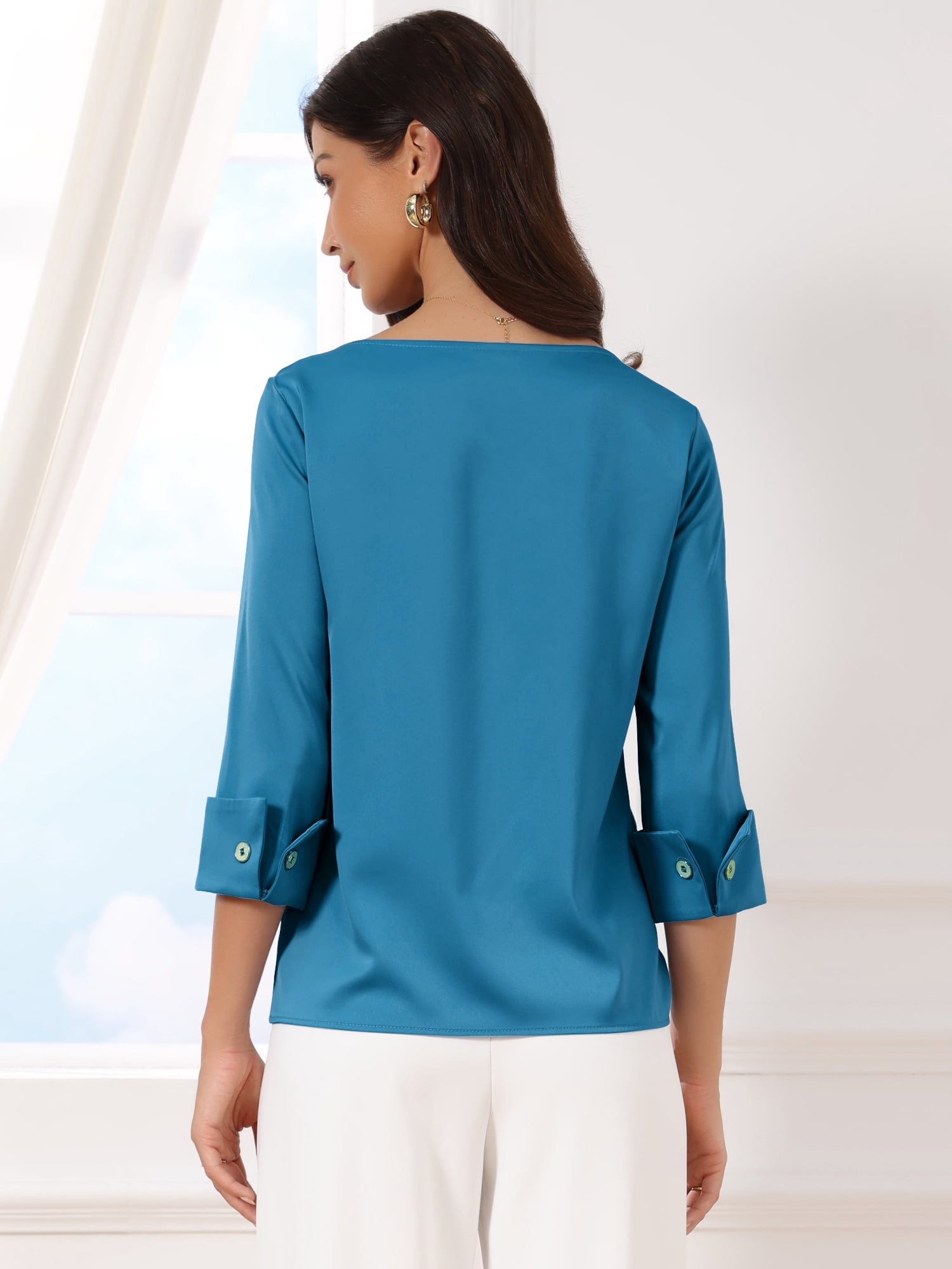 DARING DIVA Women's Satin Boat Neck 3/4 Sleeve Business Shirt S Peacock Blue