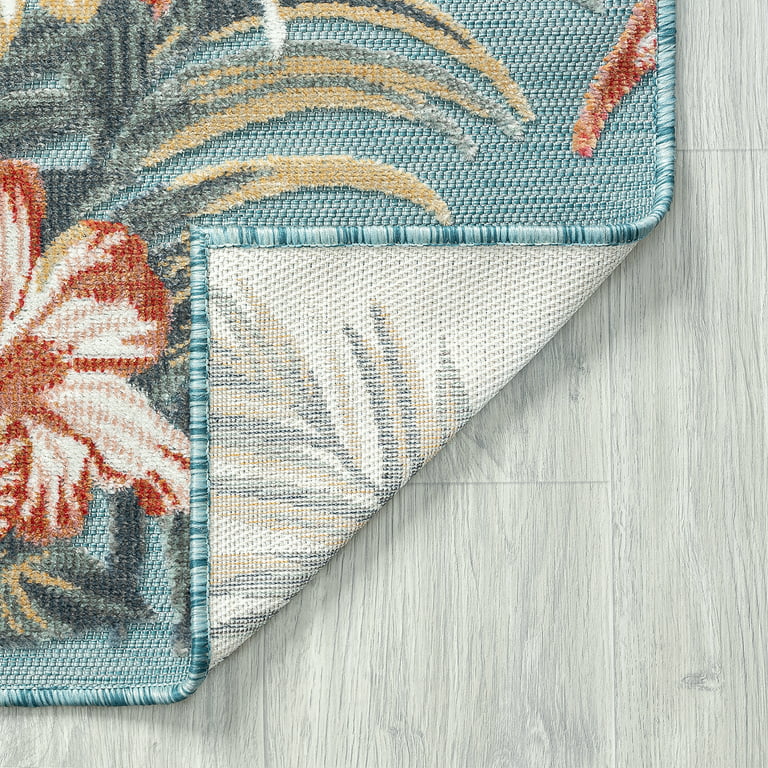 Bliss Rugs Transitional 5x7 Area Rug (5'1'' x 7'3'') Floral Aqua, Light Red Indoor Outdoor Rectangle Easy to Clean