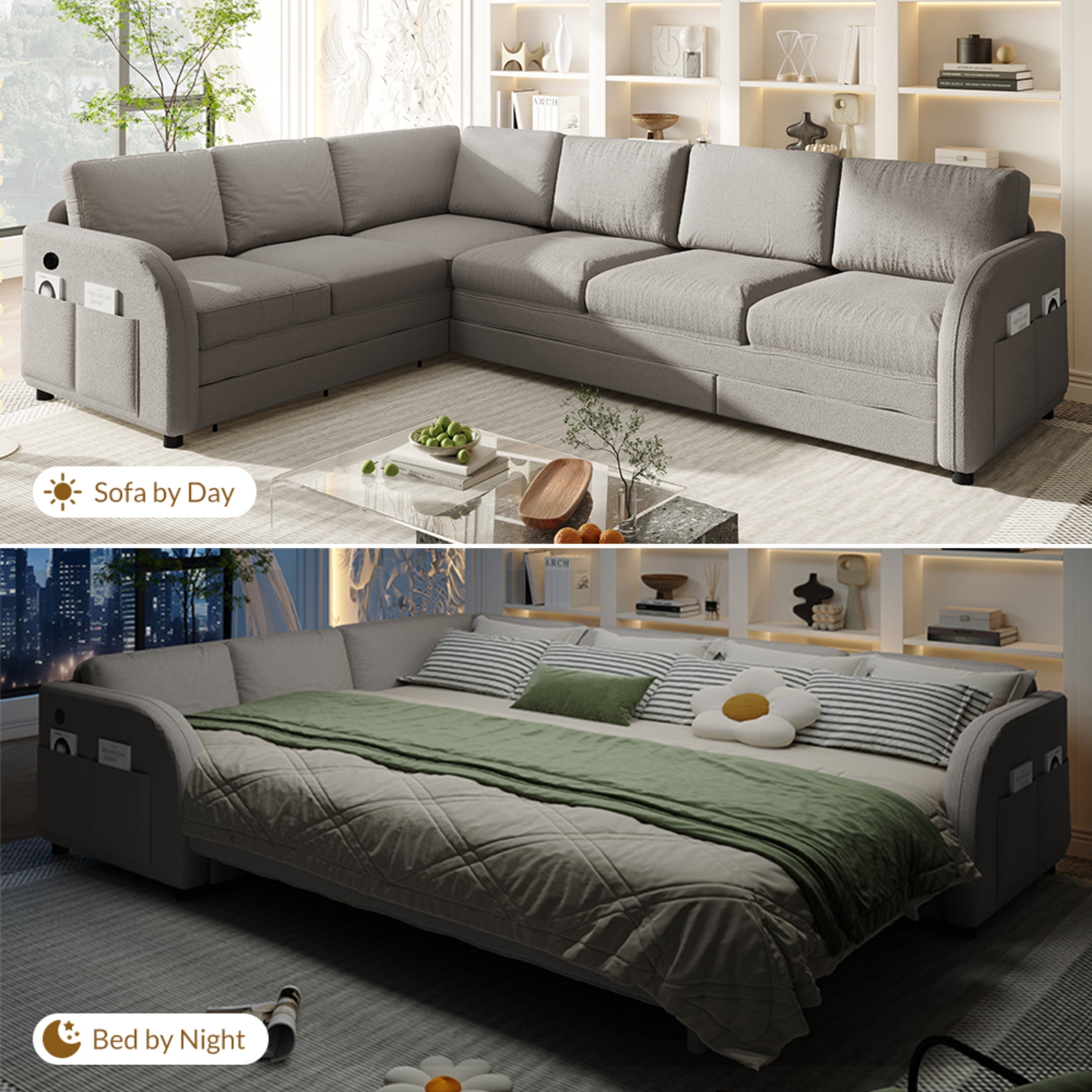 Noble House Bryan 115.2" L-Shaped Sherpa Fleece Convertible Sleeper Sectional with Charging Ports, Light Grey