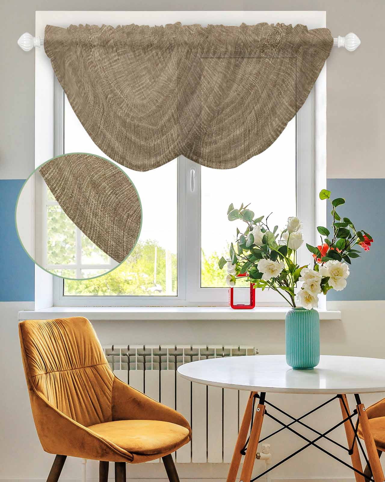 Brown Waterfall Valances for Windows, Farmhouse Burlap Solid Beige Color Modern Linen Texture Sheer Valance Curtains, Rod Pocket Elegant Swag Valances for Living Room Bedroom, 47.2"x38.5", 3 Panel