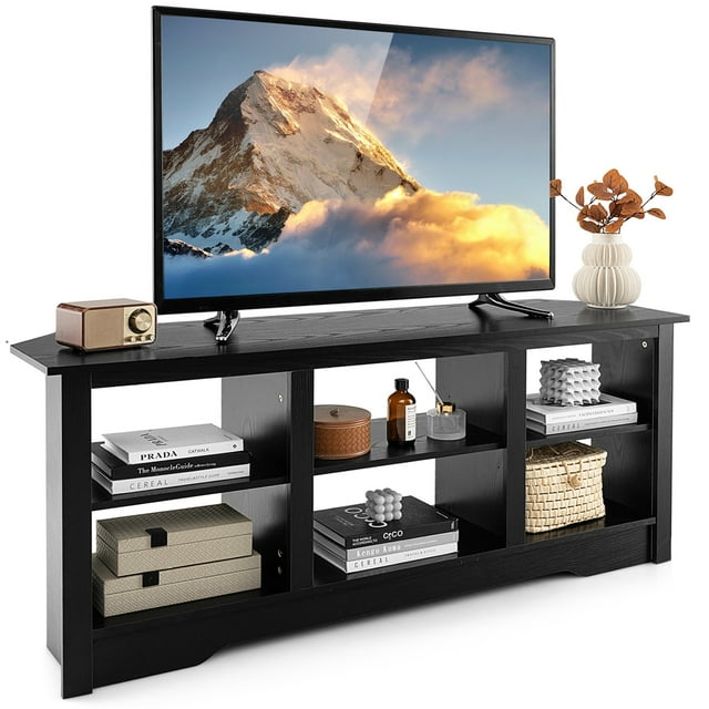 Costway 58" TV Stand with 6 Open Storage Shelves Shelf for 18 inch Fireplace(not included) Black