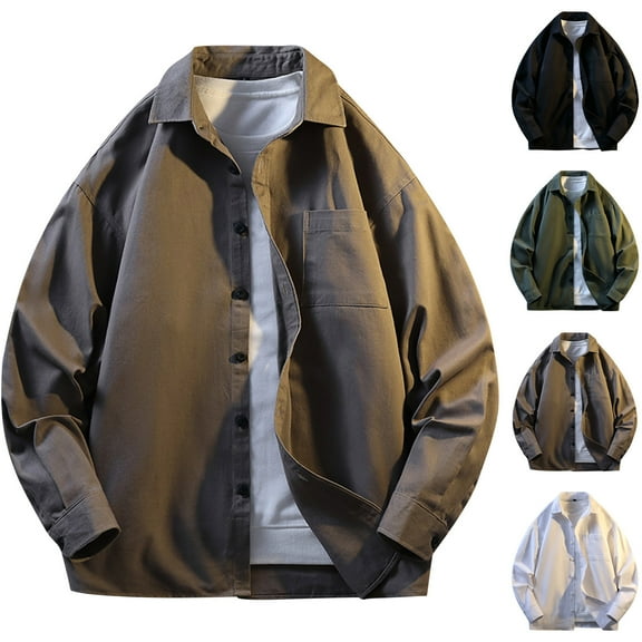 FRSASU Mens Lightweight Twill Jacket Lapel Button Down Long Sleeve Shacket Casual Fall Work Stylish Jackets with Pocket White