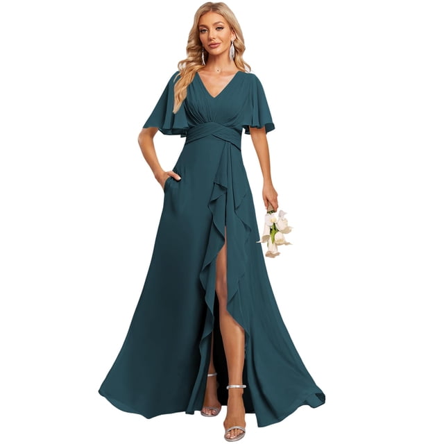 Vestido de dama de honor con cuello en V, largo, línea A, talla grande, 20 W, verde azulado