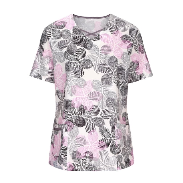 Snoarin Hauts de Travail d'Été Grande Taille pour Femmes Manches Courtes Col Rond Hauts Uniforme de Travail Imprimé Ample avec Poches Blouse Uniformes de Travail pour Femmes en Liquidation
