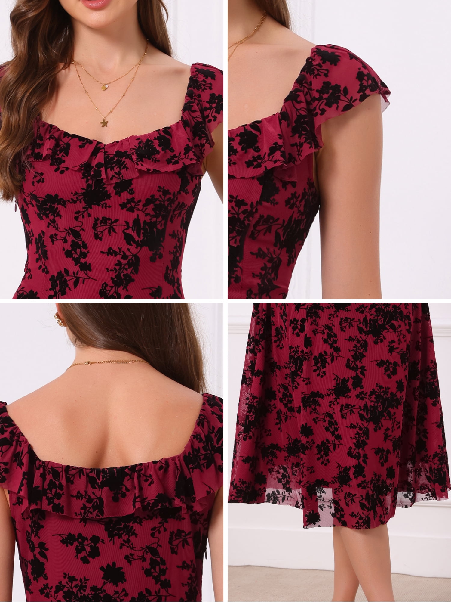 DARING DIVA Women's Gothic Sweetheart Neck Sleeveless Floral Dress XL Burgundy