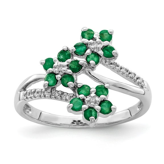 Primal Silver Sterling Silver Rhodium-plated 3 Flower Emerald and Diamond Ring