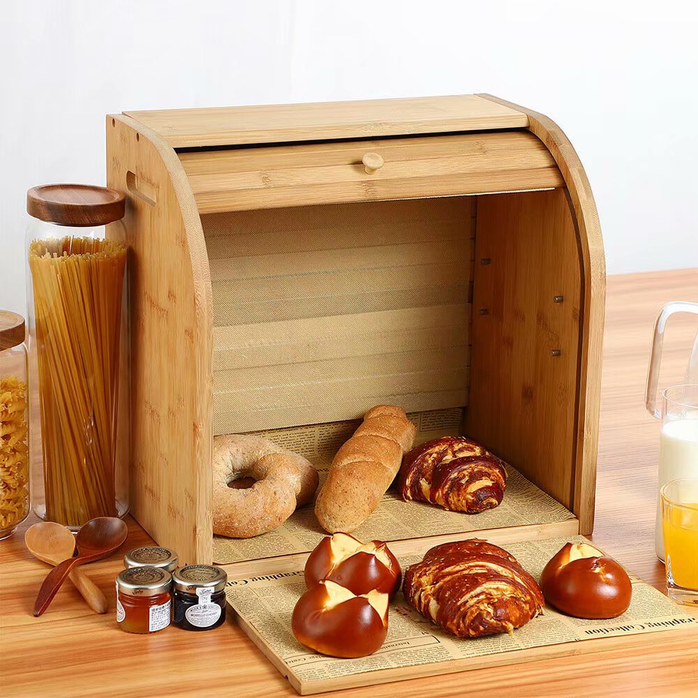 Bread Box, G.a HOMEFAVOR 2 Layer Bamboo Bread Boxes for Kitchen Food Storage, Large Bread Storage Box, with Roll-Top Cover and Cutting Board (Self-Assembly) - image 4 of 10