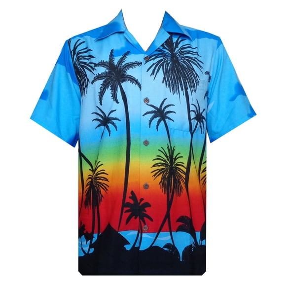 Hawaiian Shirt 42 Mens Allover Coconut Tree Beach Aloha Party Light Blue M