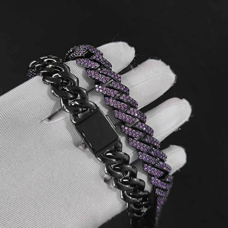 【BLACKPURPLE】23FW★ Corbin Cuban necklace 15mm (46cm) Solid Thick Big Iced Out Purple Cuban Link Chains, Width