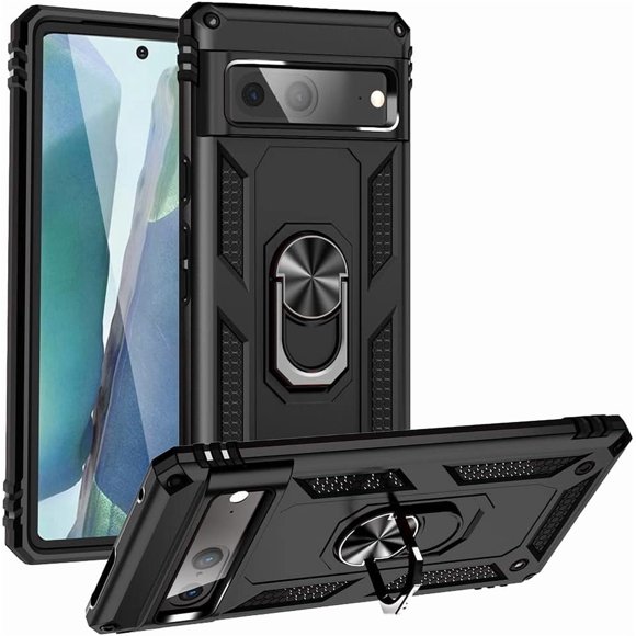 REQO Designed for Google Pixel 7 Case, Military-Grade Metal Ring Holder Kickstand 15ft Drop Tested Shockproof Cover Case for Pixel 7 Black