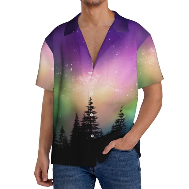 Fotbe Northern Lights Camisa Estampada de Manga Corta para Hombre, Casual de Verano, Estilo Playero, Sin Arrugas-3X-Large