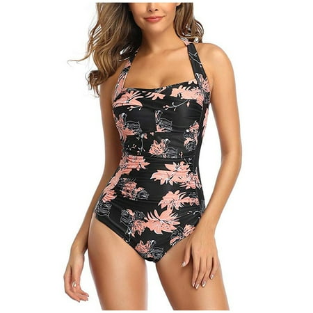 Women s Floral Print Halter One-Piece Swimsuit  Tummy Control  Retro Bathing Suit  Beachwear Plus Size Swimsuits Womens Bathing Suits 2025 Black L